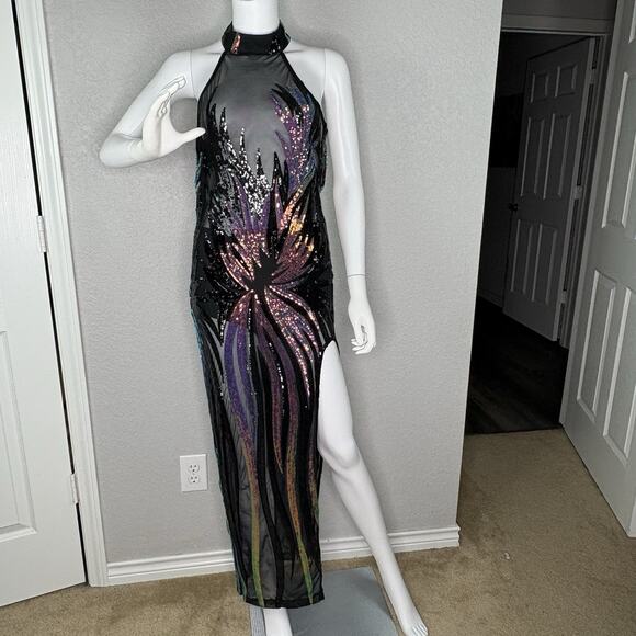 Fashion Nova Maxi Gown Rare Find Sequin Mesh Glam Mermaid Deco Siren Size L - Picture 2 of 9
